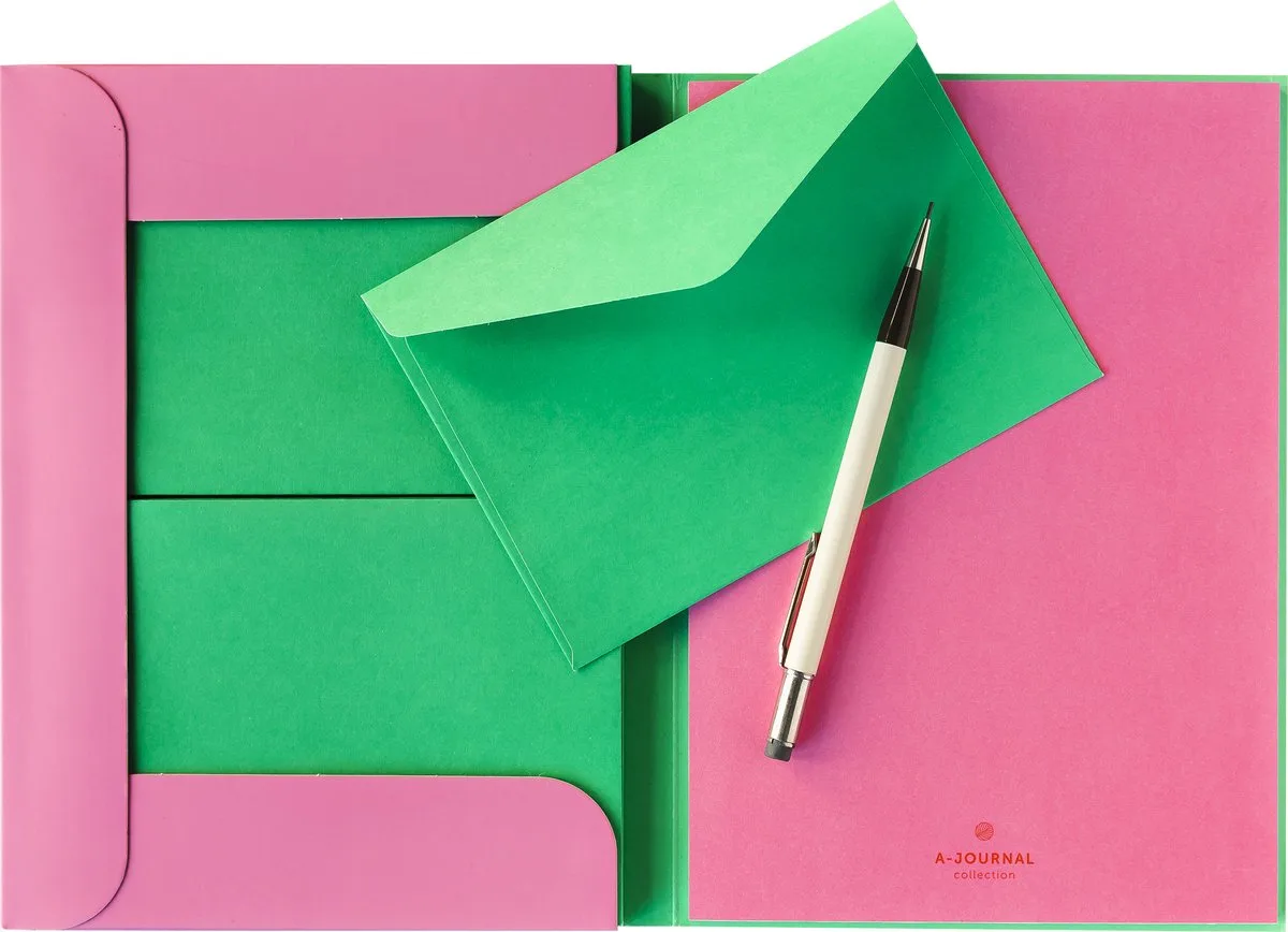 Briefpapier set - A5 - Roze papier met groene enveloppen de A Journal en Rouge – photo produit
