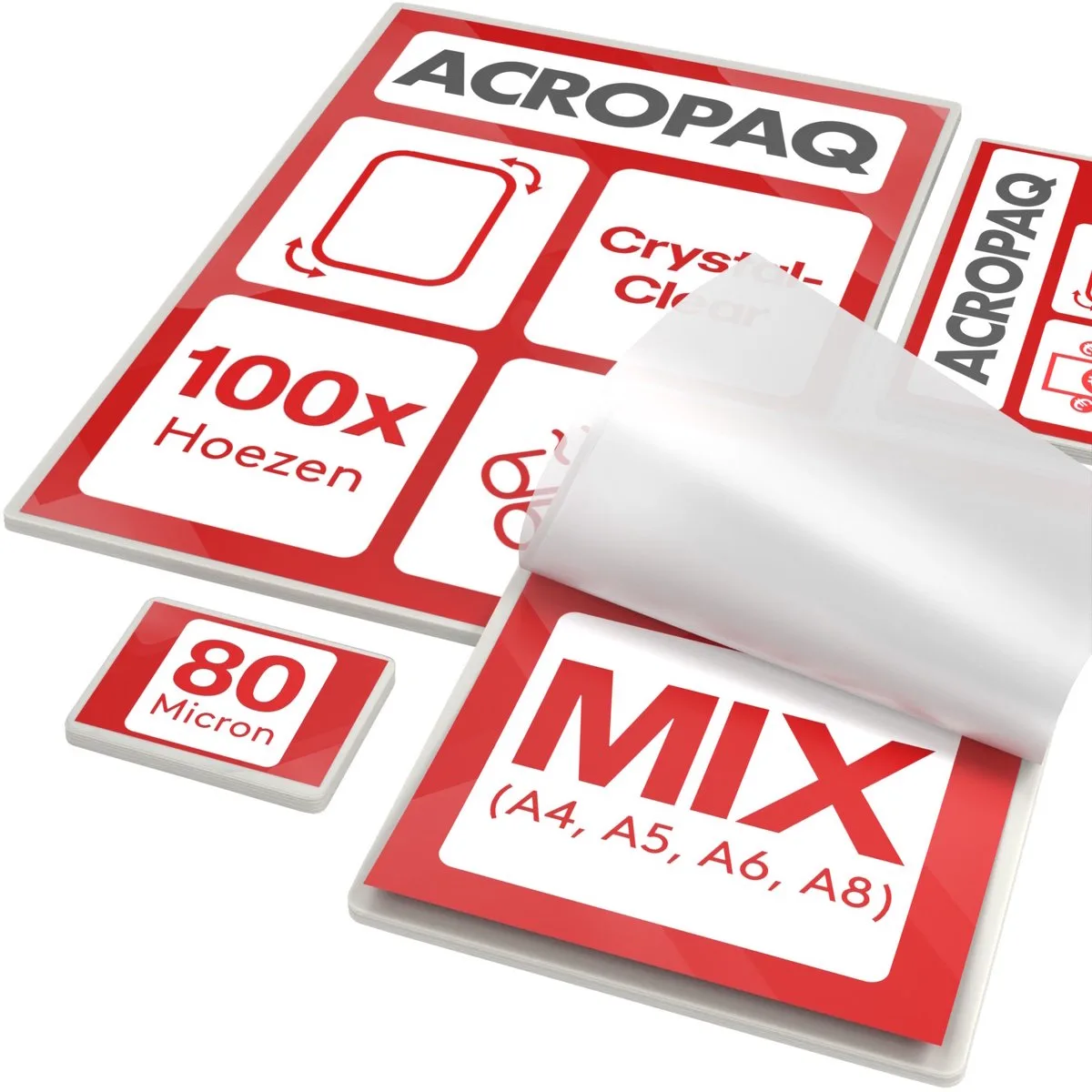Lamineerhoezen MIX – 100 stuks (20 x A4, A5, A6), (40 x A8), 80 micron, Glanzend afwerking, Afgeronde hoeken – Lamineerfolie, Lamineerhoes, Lamineervellen de Acropaq en Helder – photo produit