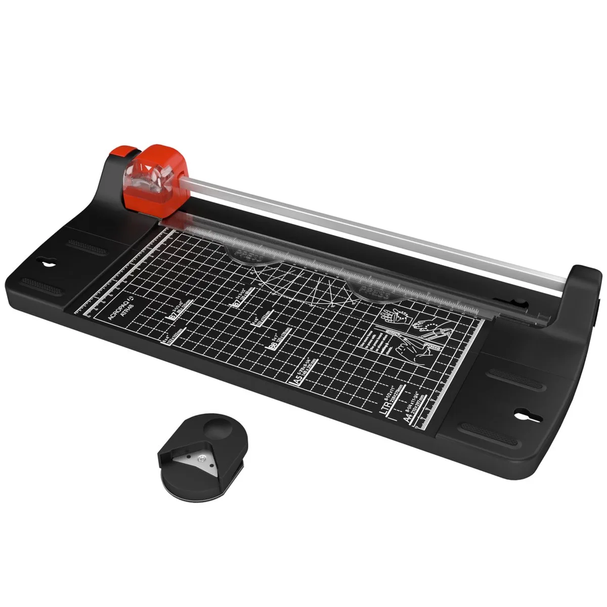 Papiersnijder A4 – Rolsnijmachine met 1 meskop, 4 snijstanden en hoeksnijder – Inklapbare papiersnijmachine – Papier snijder by Acropaq in Black – product photo
