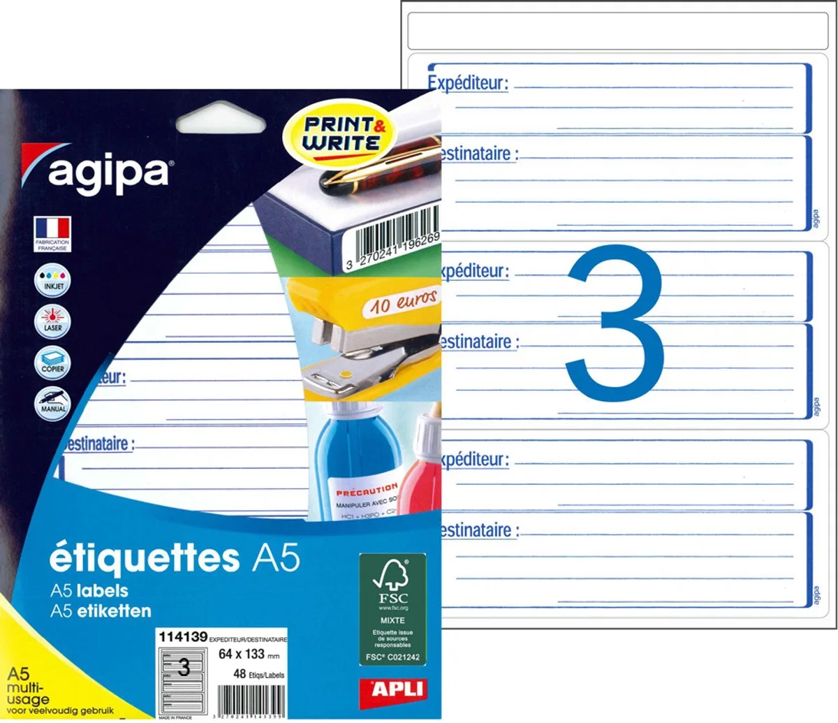 Afzender/ontvanger-etiketten, 64 x 133 mm by Agipa in White – product photo