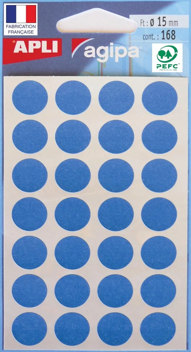 ronde etiketten in etui diameter 15 mm, 168 stuks, 28 per blad de Agipa en Bleu – photo produit