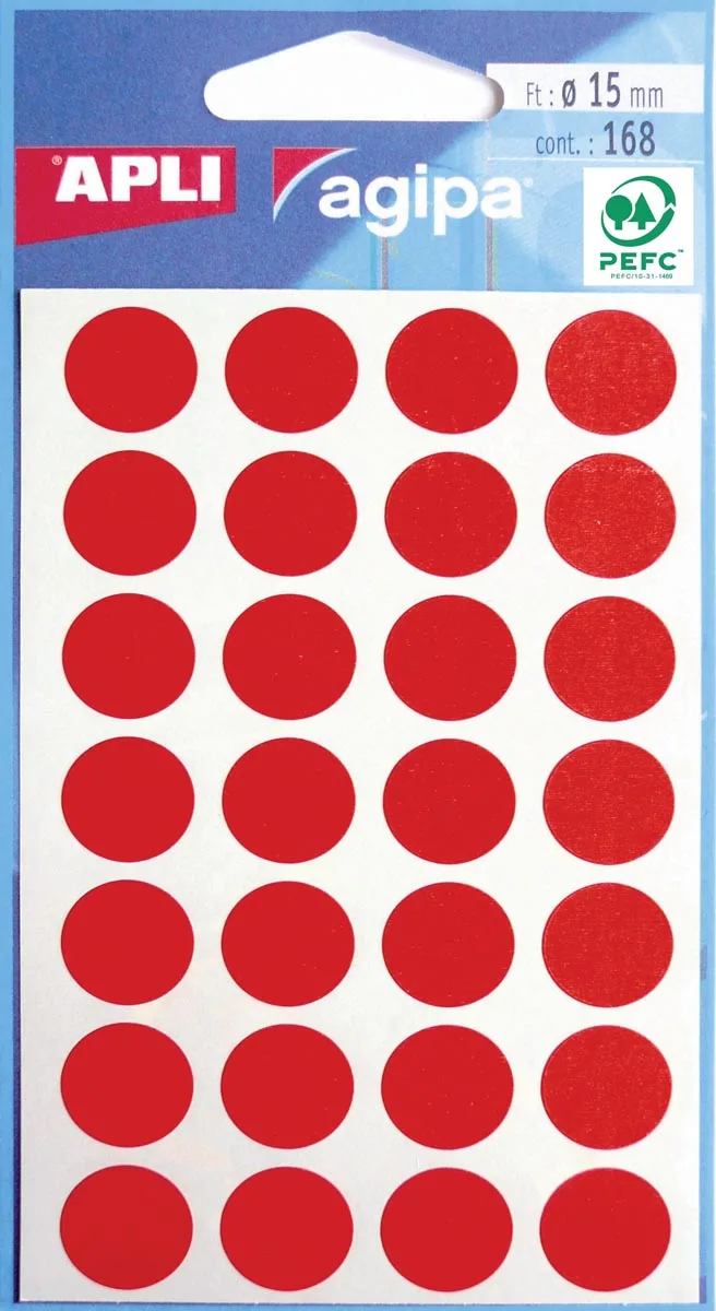 ronde etiketten in etui diameter 15 mm, rood, 168 stuks, 28 per blad van Agipa – productfoto
