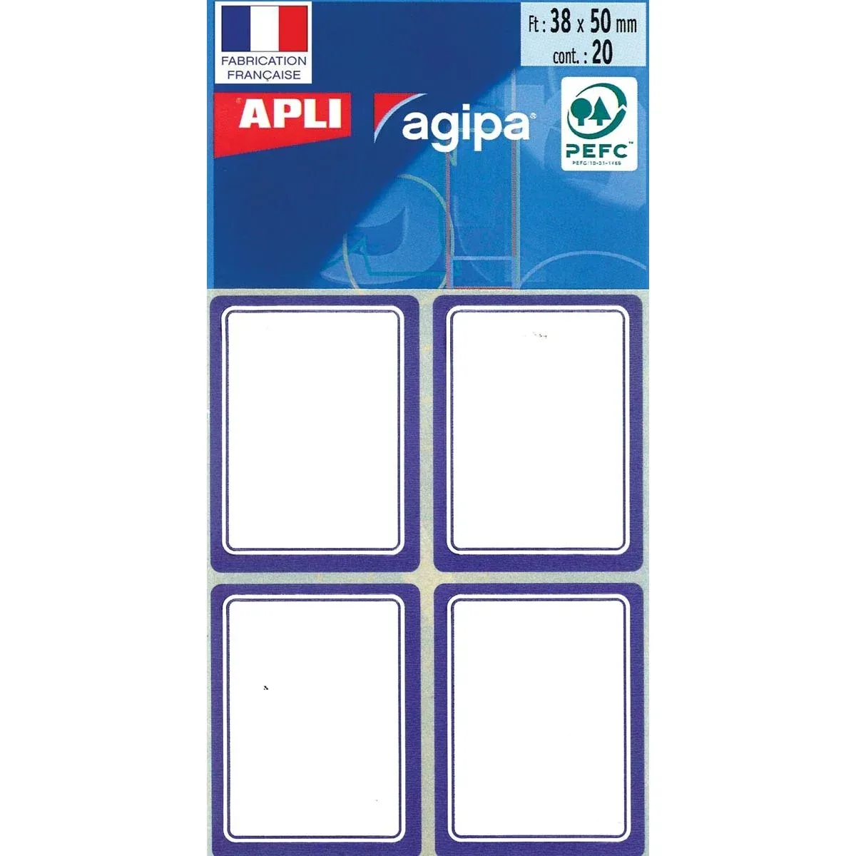 schooletiketten ft 38 x 50 mm (b x h), 32 etiketten per etui, blauwe rand von Agipa – Produktfoto