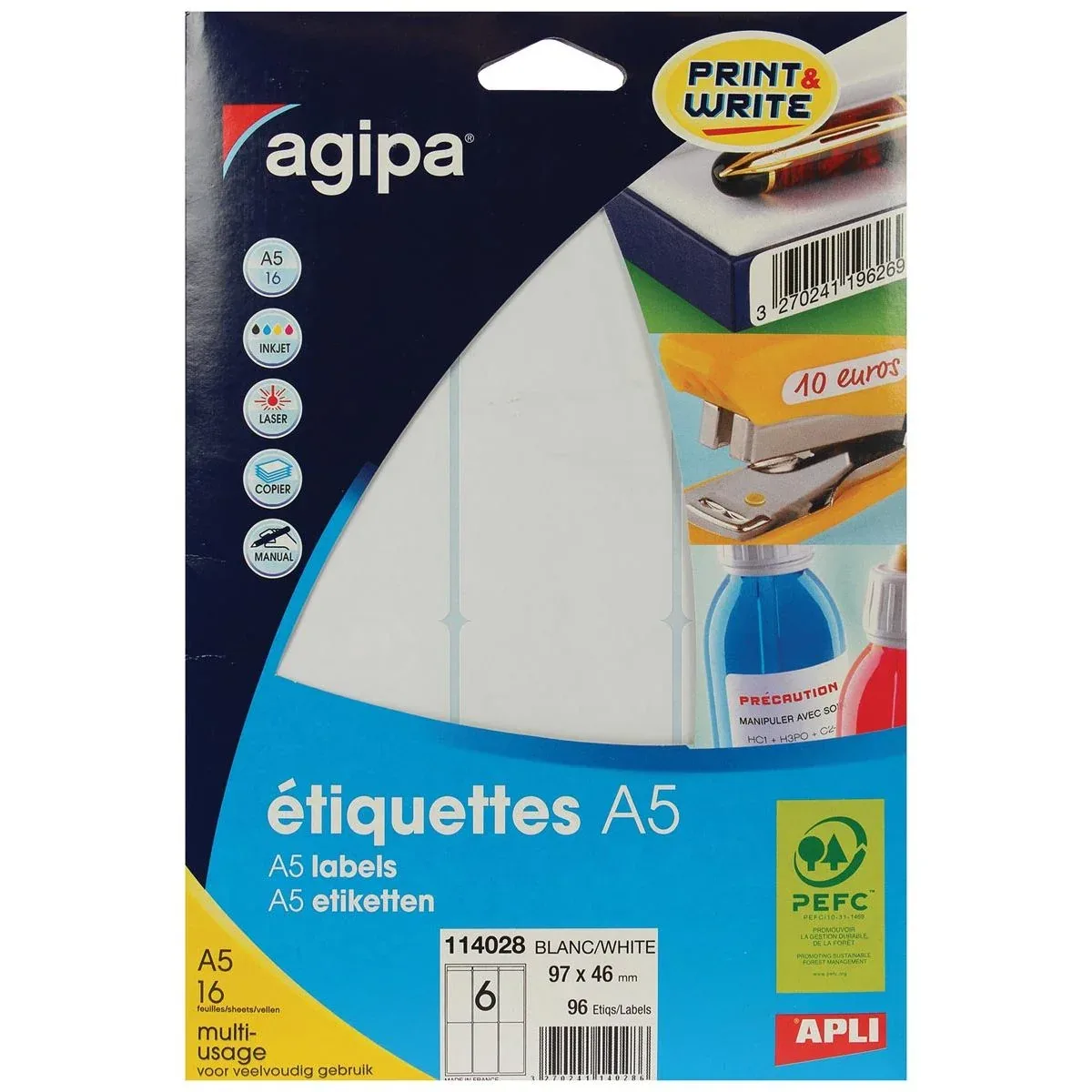 witte etiketten Print & Write ft 97 x 46 mm (b x h), 96 stuks, 6 per blad de Agipa – photo produit