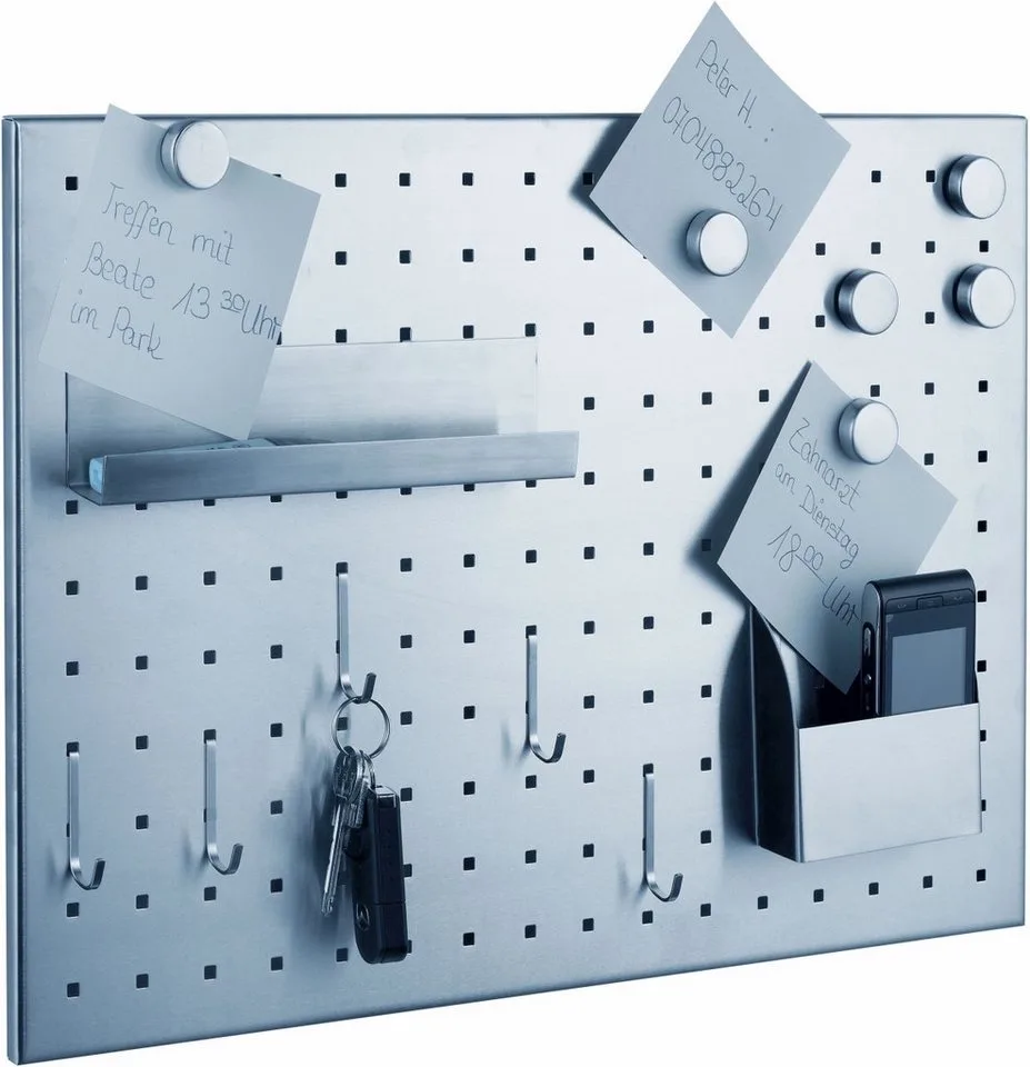 Wandtafel Magnettafel Edelstahl gelocht gebürstet 50x35cm silber inkl. Zubehör von Alco in Silber – Produktfoto
