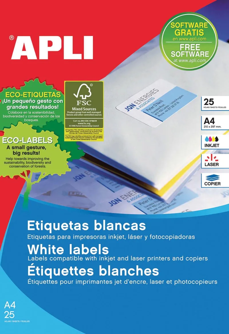 afneembare witte etiketten ft 25,4 x 10 mm (b x h), 4.725 stuks, 189 per blad etui van 25 blad von Apli – Produktfoto