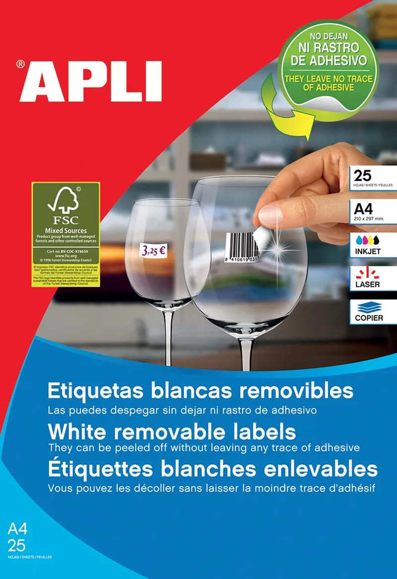 afneembare witte etiketten ft 35,6 x 16,9 mm (b x h), 2.000 stuks, 80 per blad etui van 25 blad von Apli – Produktfoto