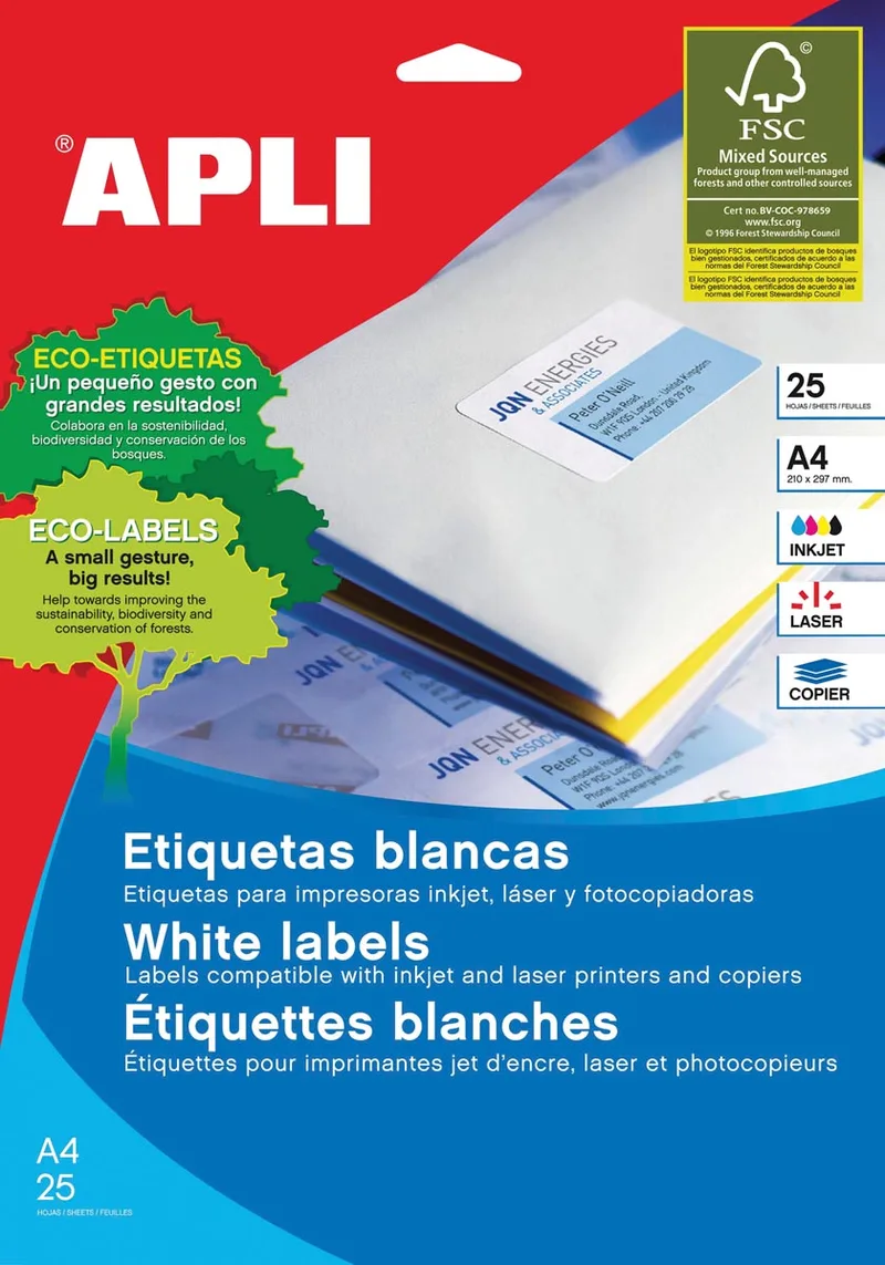 etiketten ft 210 x 297 mm (b x h), rechte hoeken, 25 stuks, 1 per blad (1215) by Apli – product photo