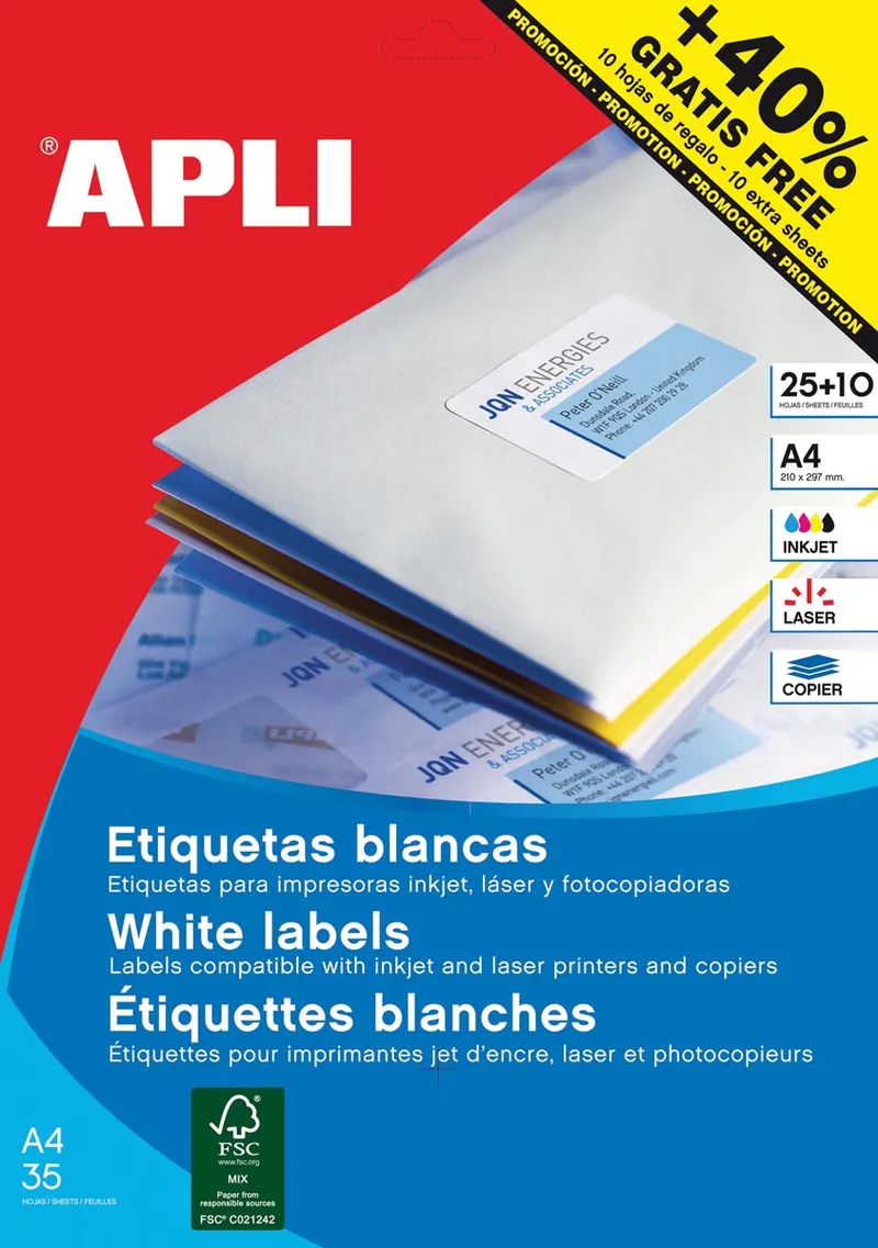 etiketten ft 70 x 37 mm (b x h), rechte hoeken, 600 stuks, 24 per blad (1212) by Apli – product photo
