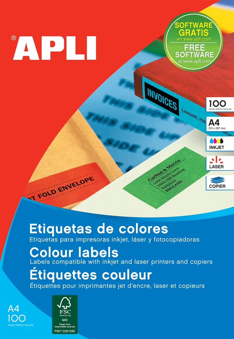 Gekleurde etiketten ft 105 x 37 mm (b x h), geel, 1.600 stuks, 16 per blad, doos van 100 blad by Apli – product photo