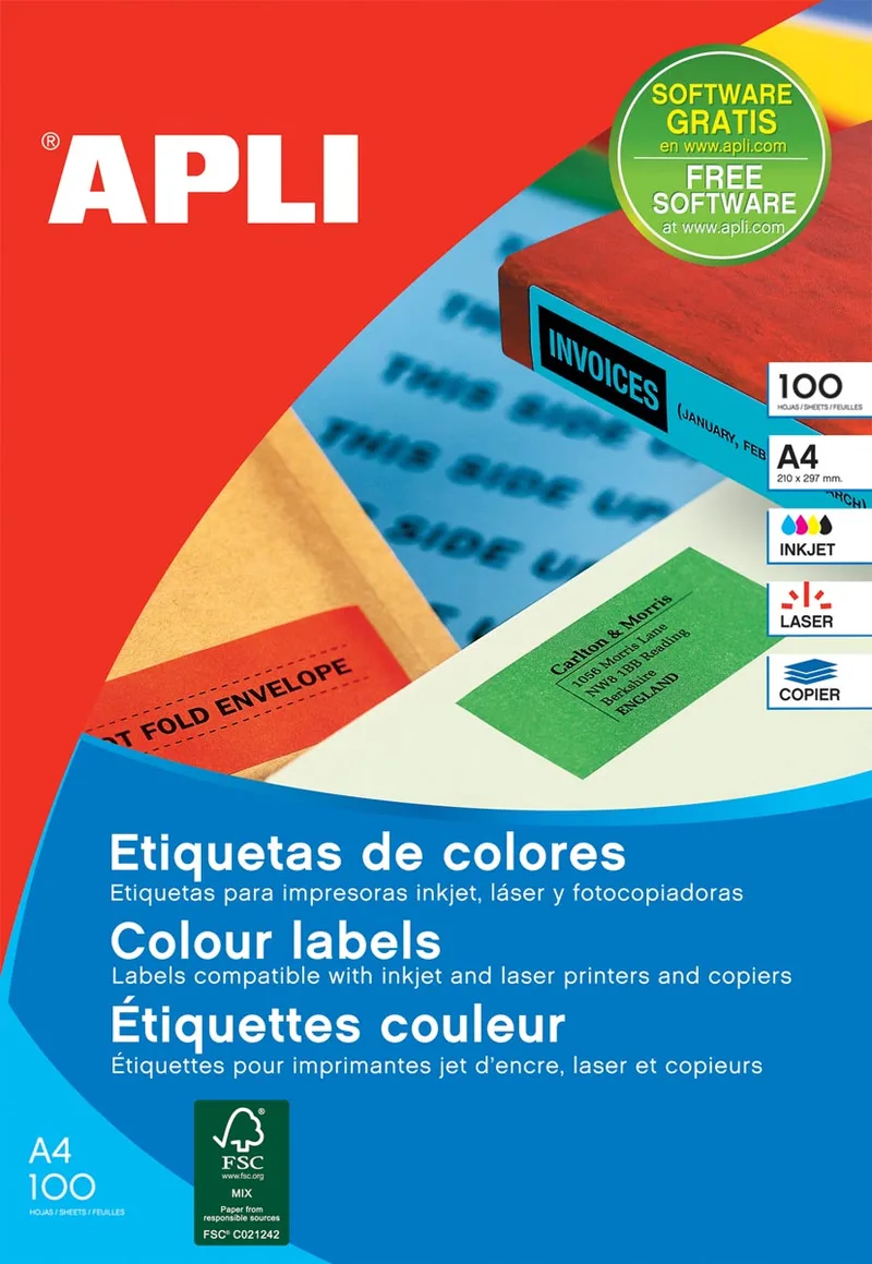 Gekleurde etiketten ft 105 x 37 mm (b x h), groen, 1.600 stuks, 16 per blad, doos van 100 blad by Apli – product photo