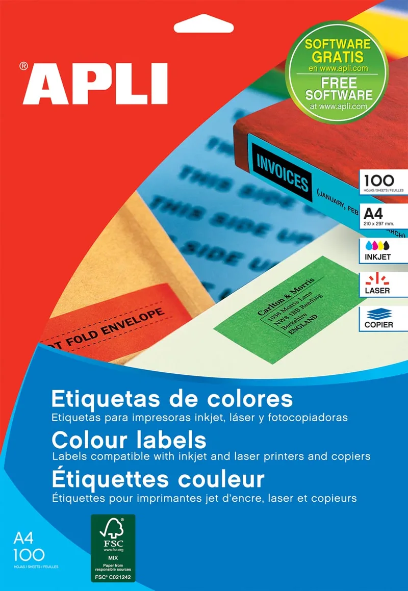 Gekleurde etiketten ft 210 x 297 mm (b x h), geel, 100 stuks, 1 per blad by Apli – product photo