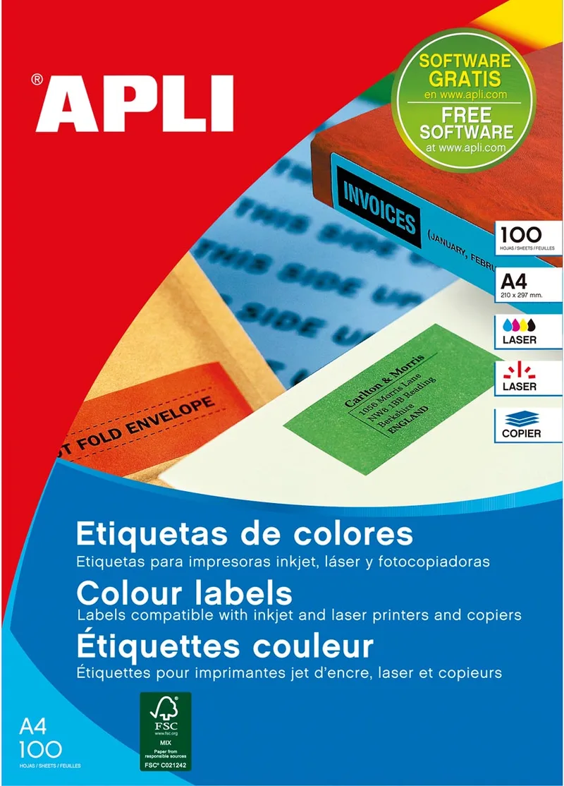 Gekleurde etiketten ft 210 x 297 mm (b x h), groen, 100 stuks, 1 per blad by Apli – product photo