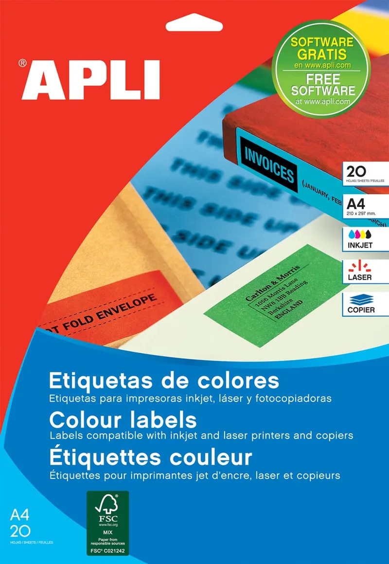Gekleurde etiketten ft 70 x 37 mm (b x h), blauw, 480 stuks, 24 per blad (1592) by Apli – product photo