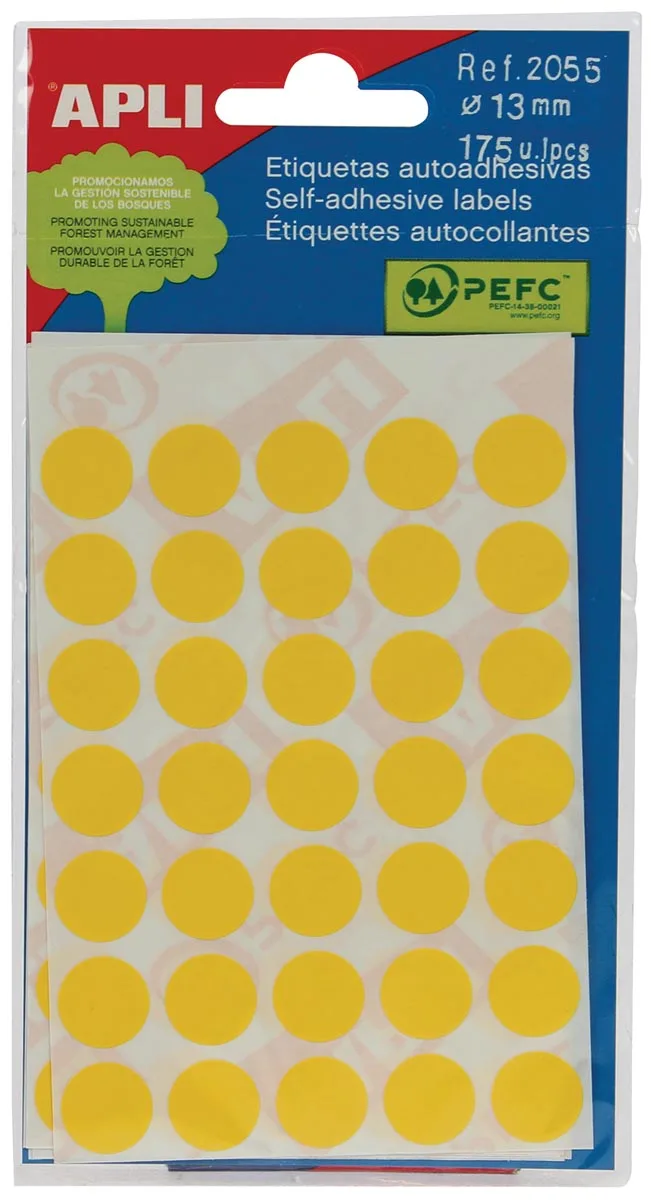ronde etiketten in etui diameter 13 mm, geel, 175 stuks, 35 per blad (2055) by Apli – product photo