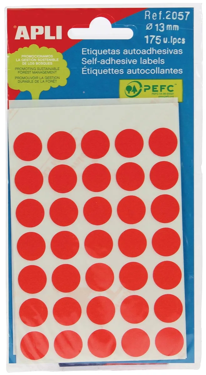 ronde etiketten in etui diameter 13 mm, rood, 175 stuks, 35 per blad (2057) by Apli – product photo