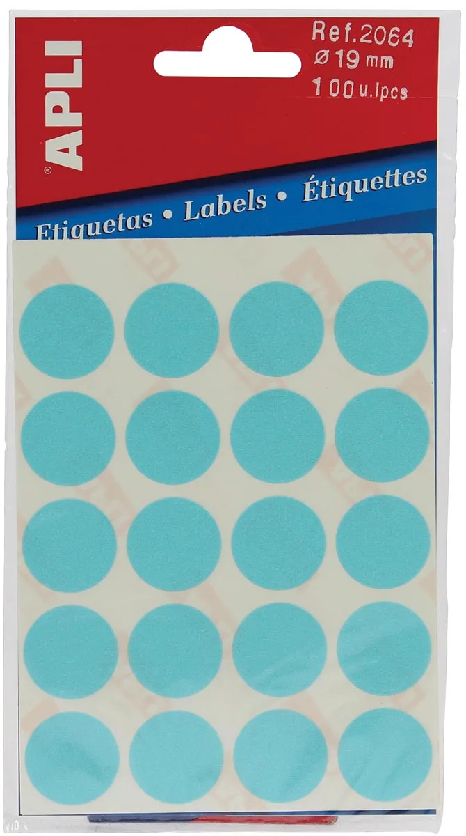 ronde etiketten in etui diameter 19 mm, blauw, 100 stuks, 20 per blad (2064) by Apli – product photo
