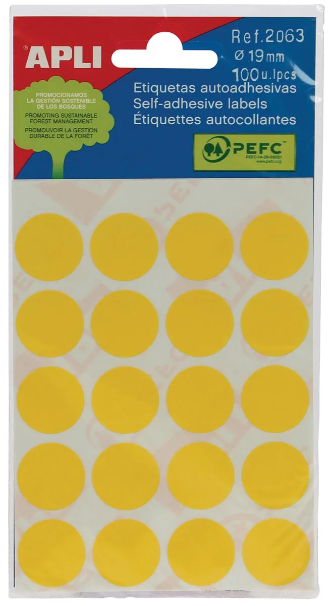 ronde etiketten in etui diameter 19 mm, geel, 100 stuks, 20 per blad (2063) by Apli – product photo
