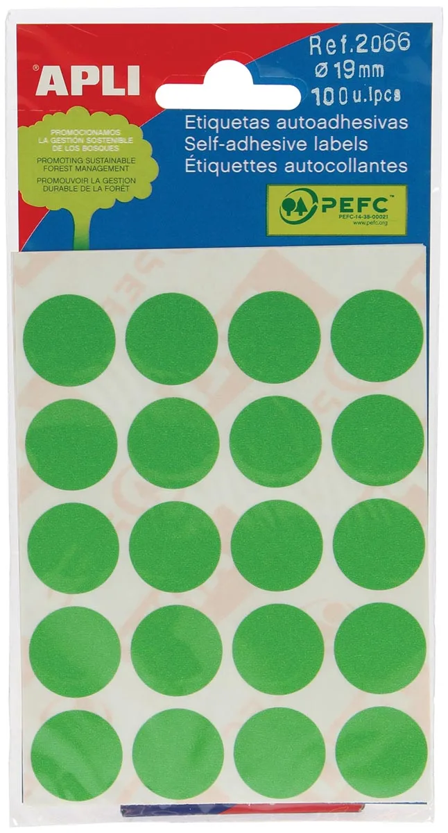 ronde etiketten in etui diameter 19 mm, groen, 100 stuks, 20 per blad (2066) by Apli – product photo