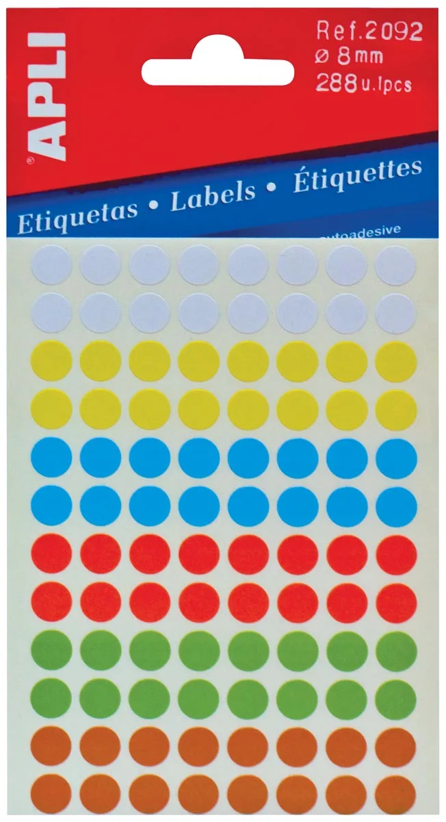 ronde etiketten in etui diameter 8 mm, geassorteerde kleuren, 288 stuks, 96 per blad (2092) by Apli – product photo