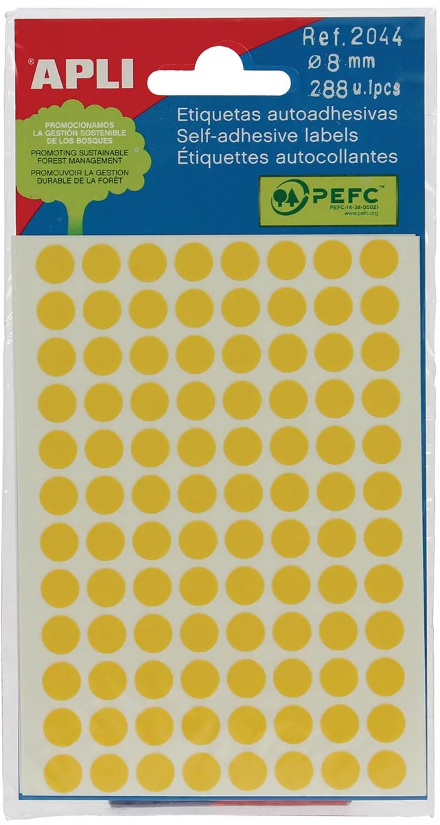 ronde etiketten in etui diameter 8 mm, geel, 288 stuks, 96 per blad (2044) by Apli – product photo