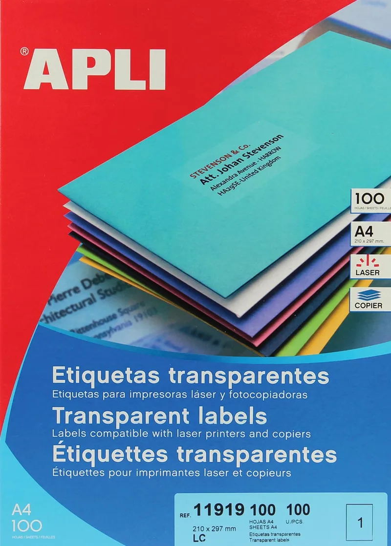 Transparante etiketten ft 210 x 297 mm (b x h), 100 stuks, 1 per blad, doos van 100 blad von Apli – Produktfoto