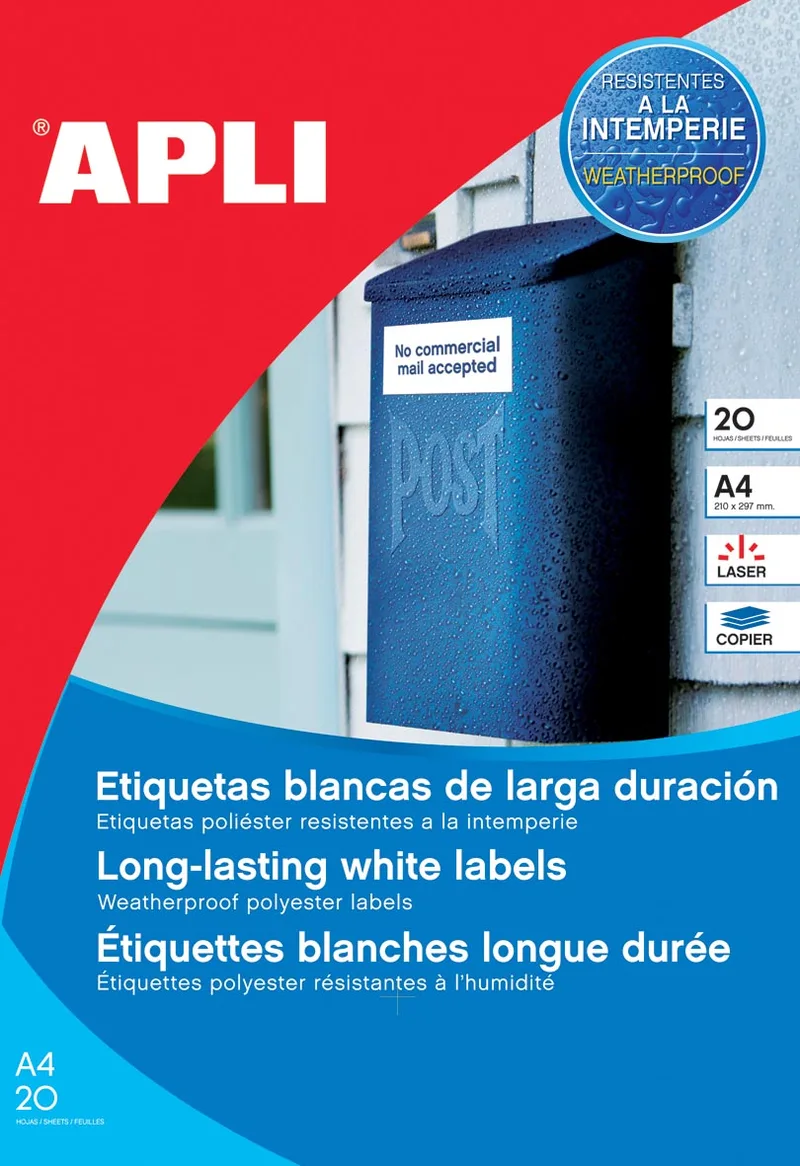 weerbestendige etiketten ft 210 x 297 mm (b x h), 20 stuks, 1 per blad, doos van 20 blad by Apli – product photo