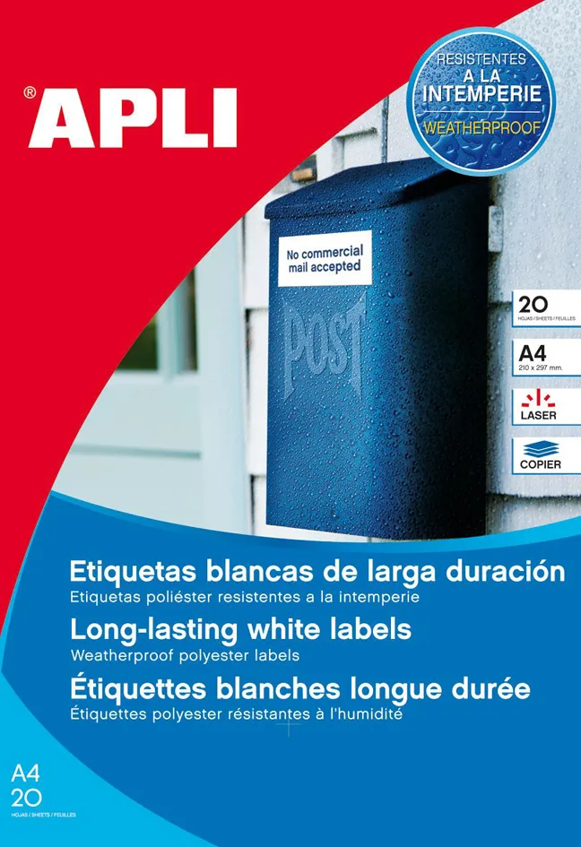Wetterfeste Folien-Etiketten, 99,1 x 38,1 mm, weiß van Apli – productfoto
