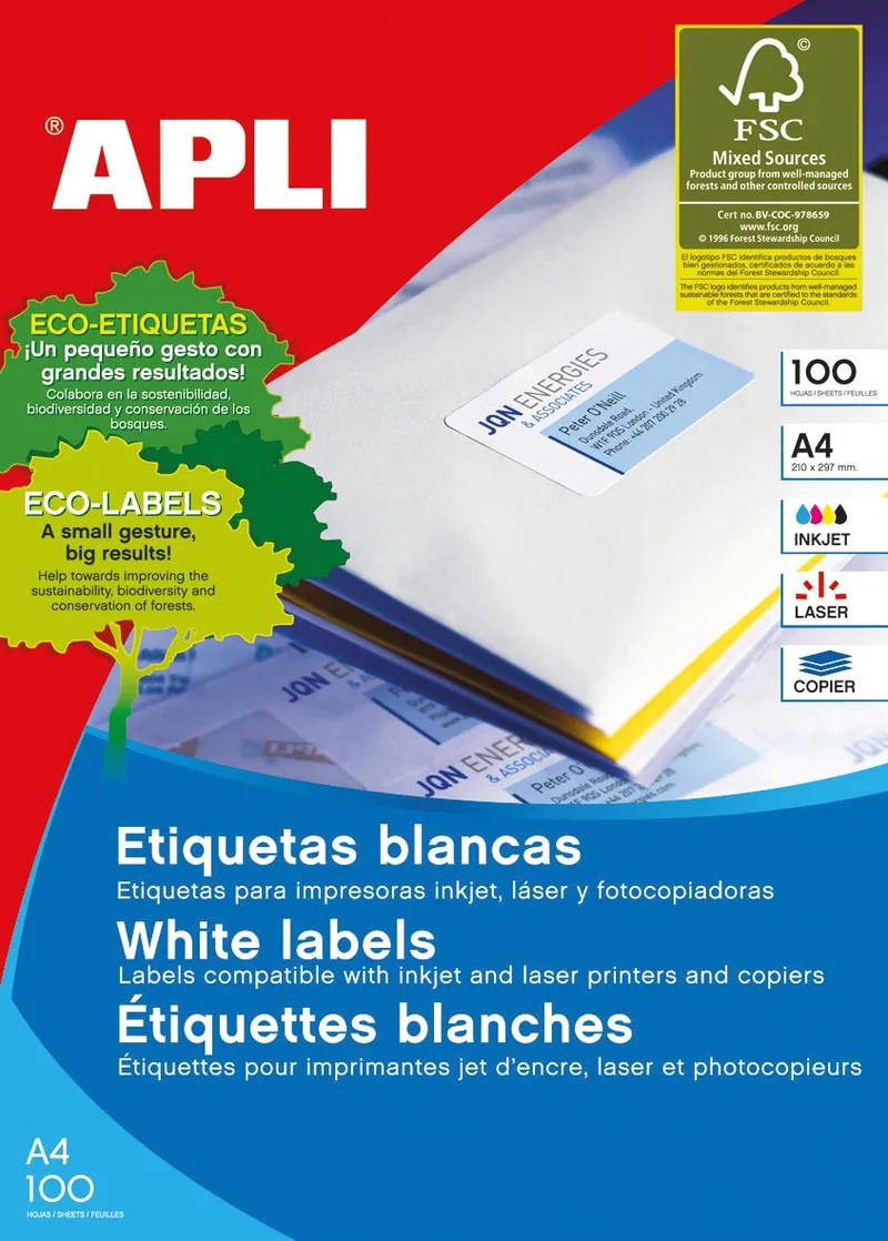 witte etiketten ft 105 x 35 mm (b x h), 1.600 stuks, 16 per blad (1287) by Apli – product photo