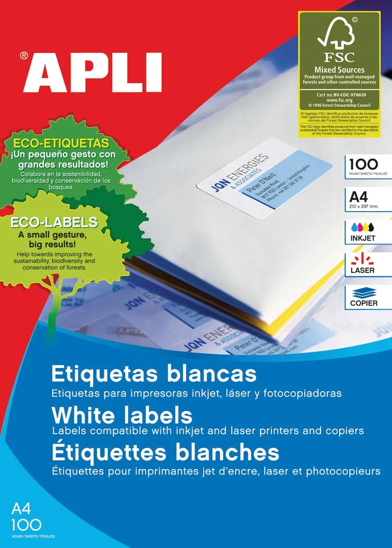 witte etiketten ft 210 x 297 mm (b x h) (A4), 100 stuks, 1 per blad (1281) by Apli – product photo