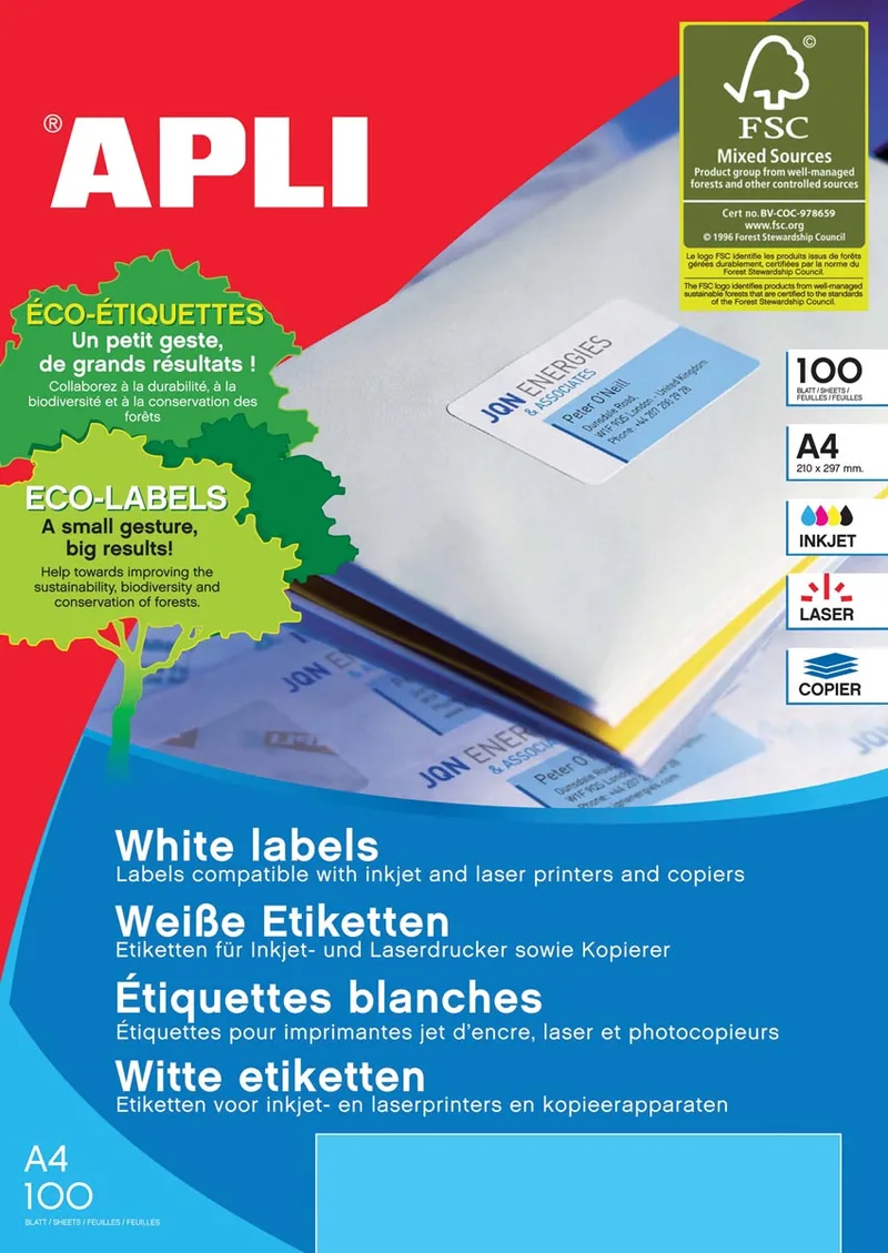 Witte etiketten ft 63,5 x 46,6 mm (b x h), 1.800 stuks, 18 per blad (2415) by Apli – product photo