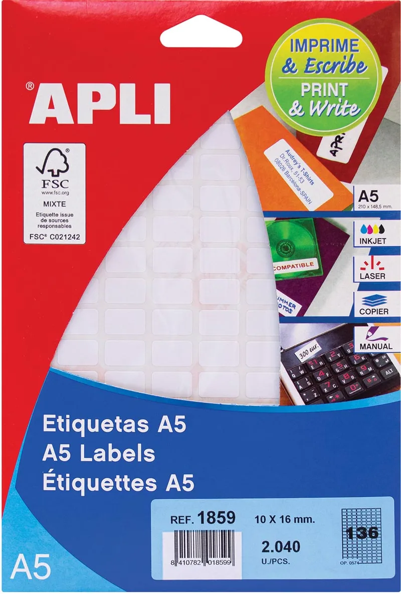 witte etiketten Print & Write ft 10 x 16 mm (b x h), 2.040 stuks, 136 per blad (1859) by Apli – product photo