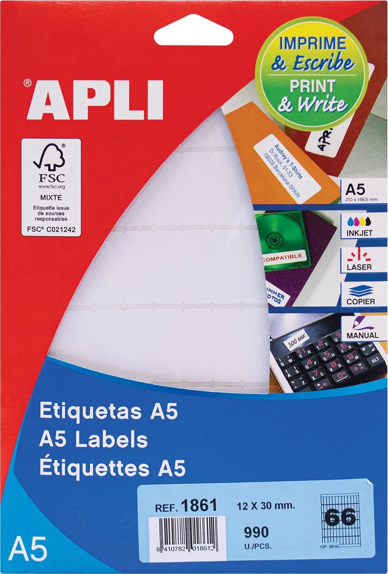 witte etiketten Print & Write ft 12 x 30 mm (b x h), 990 stuks, 66 per blad (1861) by Apli – product photo