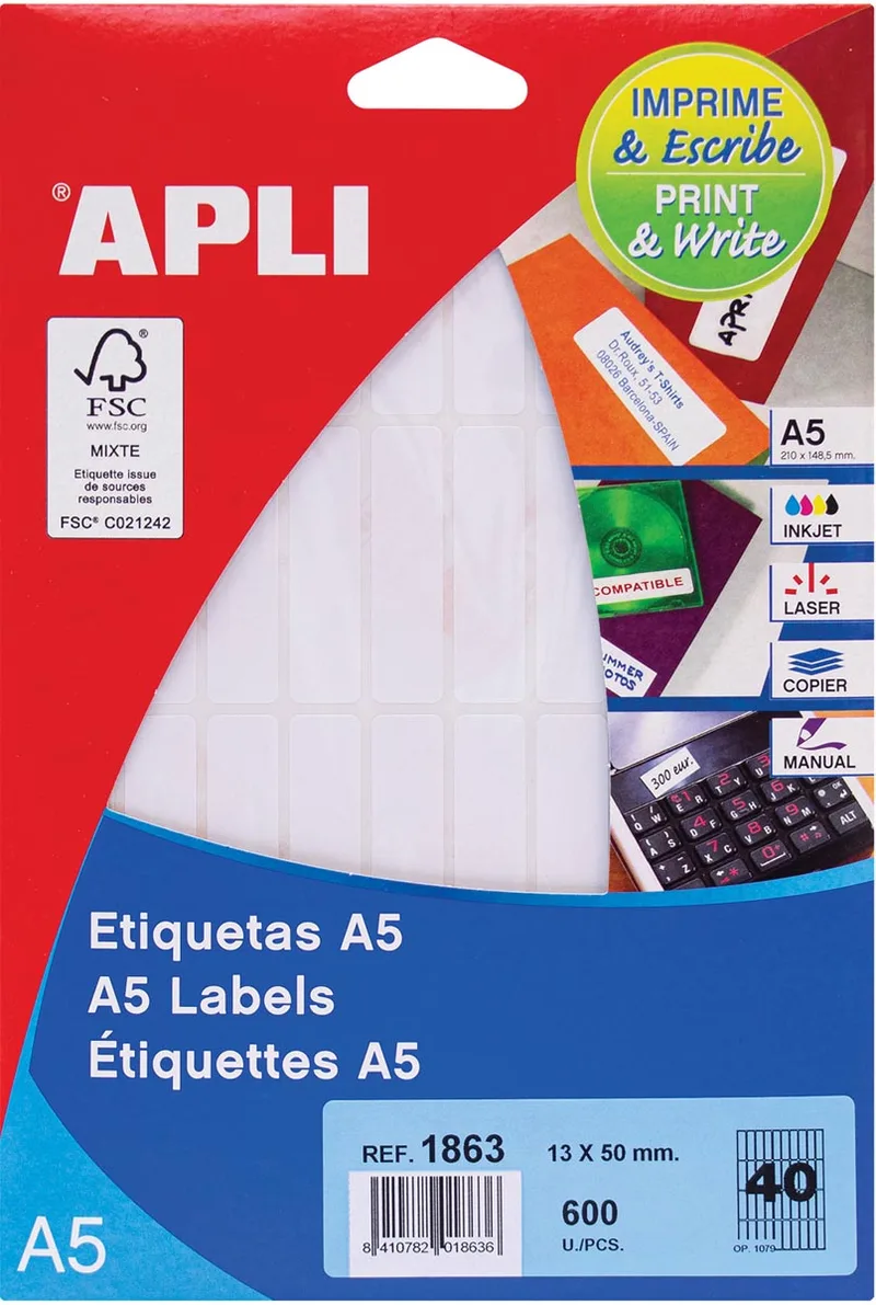 witte etiketten Print & Write ft 13 x 50 mm (b x h), 600 stuks, 40 per blad (1863) von Apli – Produktfoto