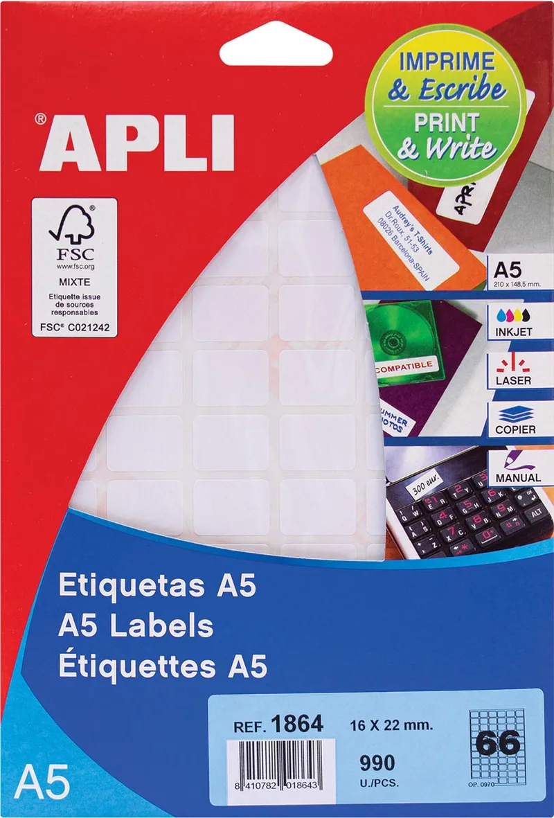 witte etiketten Print & Write ft 16 x 22 mm (b x h), 990 stuks, 66 per blad (1864) von Apli – Produktfoto
