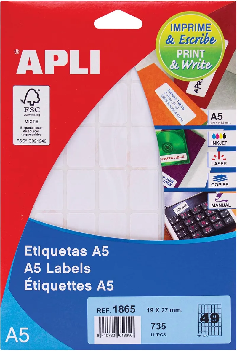 witte etiketten Print & Write ft 19 x 27 mm (b x h), 735 stuks, 49 per blad (1865) by Apli – product photo