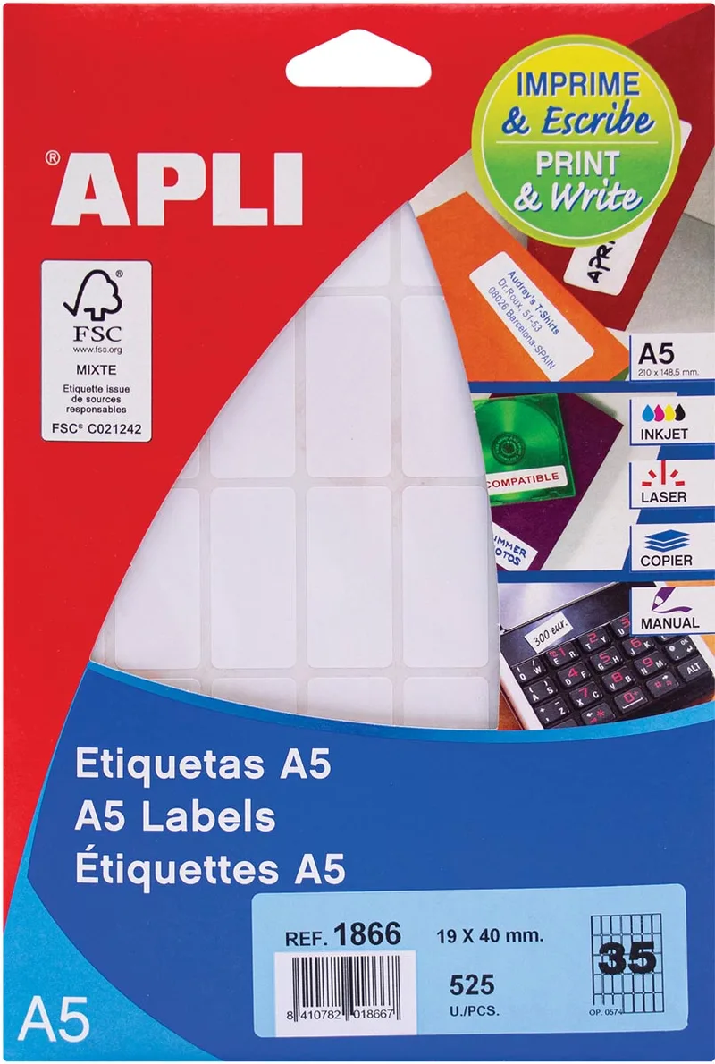 witte etiketten Print & Write ft 19 x 40 mm (b x h), 525 stuks, 35 per blad (1866) by Apli – product photo