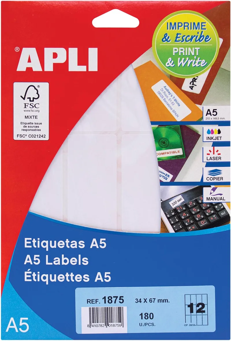 witte etiketten Print & Write ft 34 x 67 mm (b x h), 180 stuks, 12 per blad (1875) by Apli – product photo