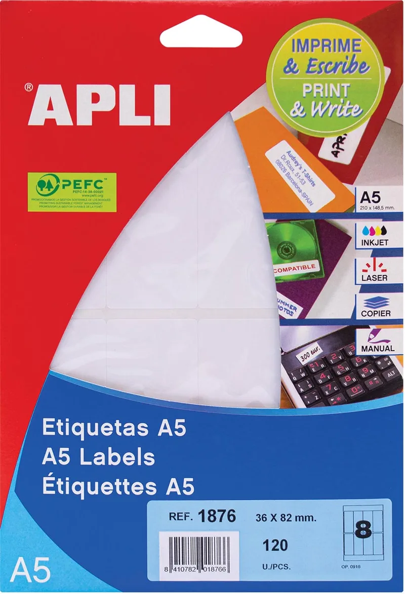witte etiketten Print & Write ft 36 x 82 mm (b x h), 120 stuks, 8 per blad (1876) von Apli – Produktfoto