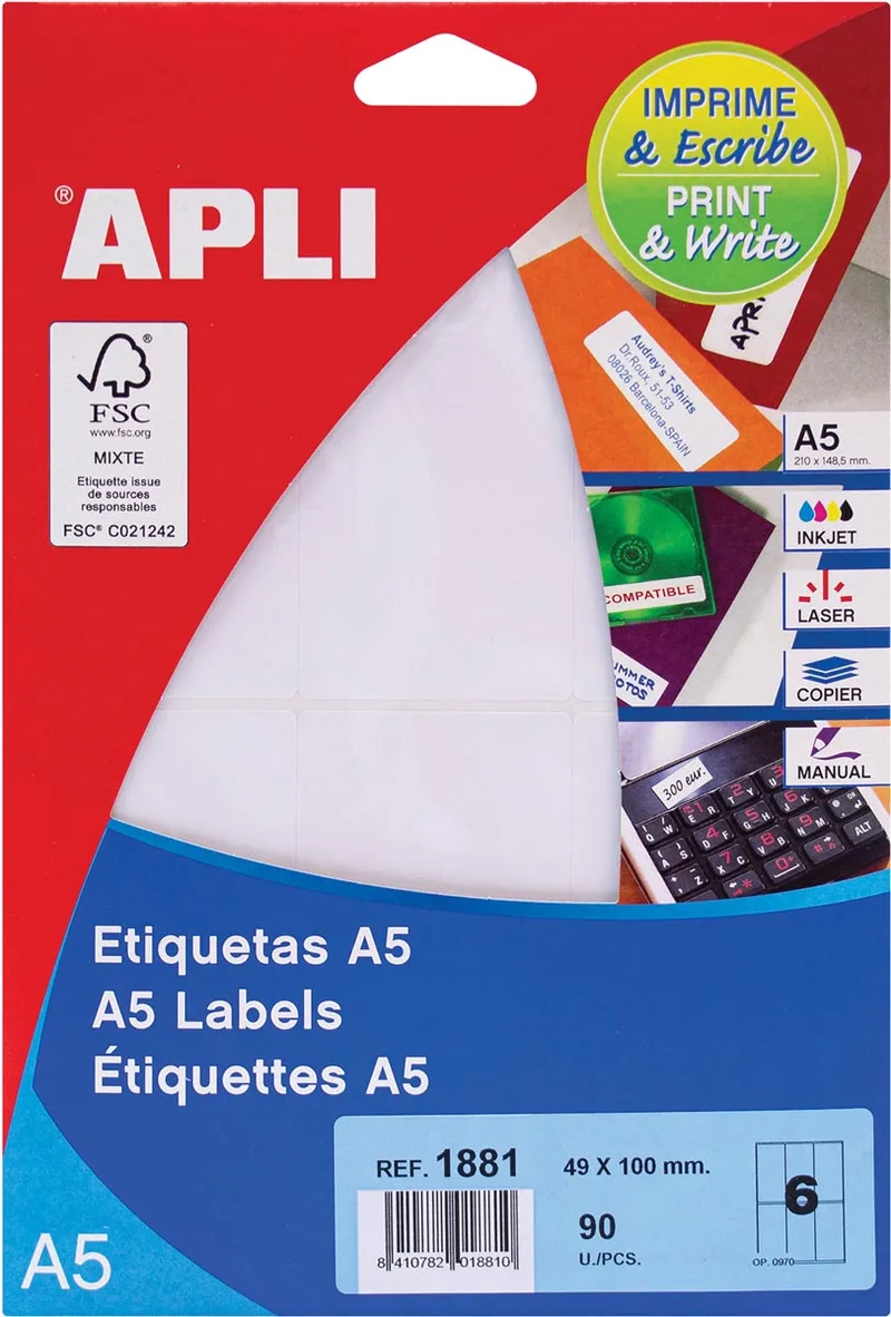 witte etiketten Print & Write ft 49 x 100 mm (b x h), 90 stuks, 6 per blad (1881) von Apli – Produktfoto