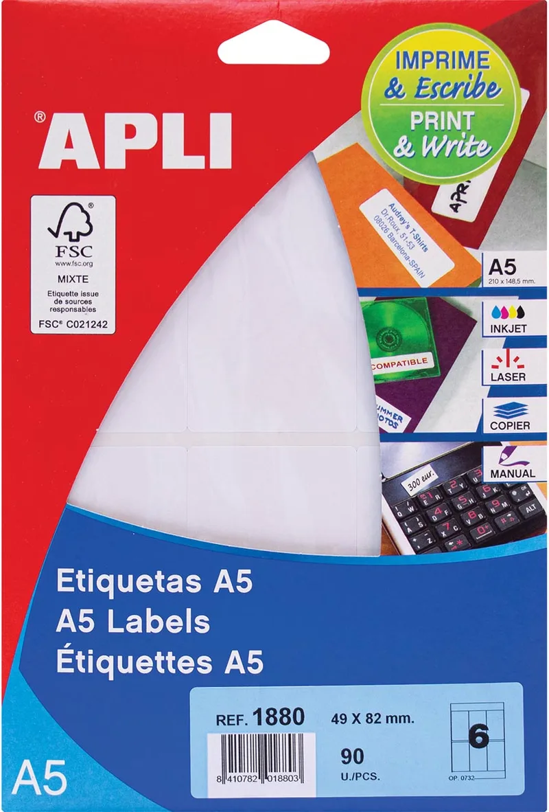 witte etiketten Print & Write ft 49 x 82 mm (b x h), 90 stuks, 6 per blad (1880) von Apli – Produktfoto