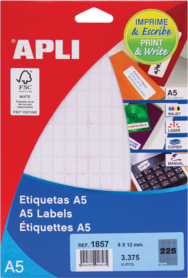 witte etiketten Print & Write ft 8 x 12 mm (b x h), 3.375 stuks, 225 per blad (1857) by Apli – product photo