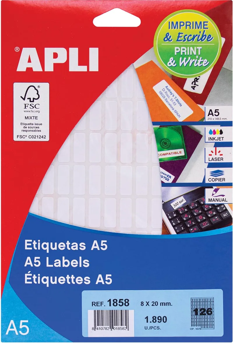 witte etiketten Print & Write ft 8 x 20 mm (b x h), 1.890 stuks, 126 per blad (1858) de Apli – photo produit