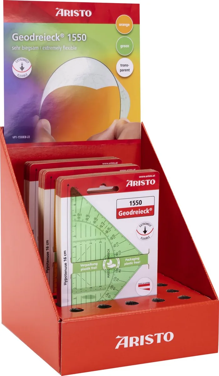 geodriehoek - schaalverdeling 14cm - display met 30 stuks - 3 assorti kleuren - AR-VD1550EB van Aristo in Transparant – productfoto