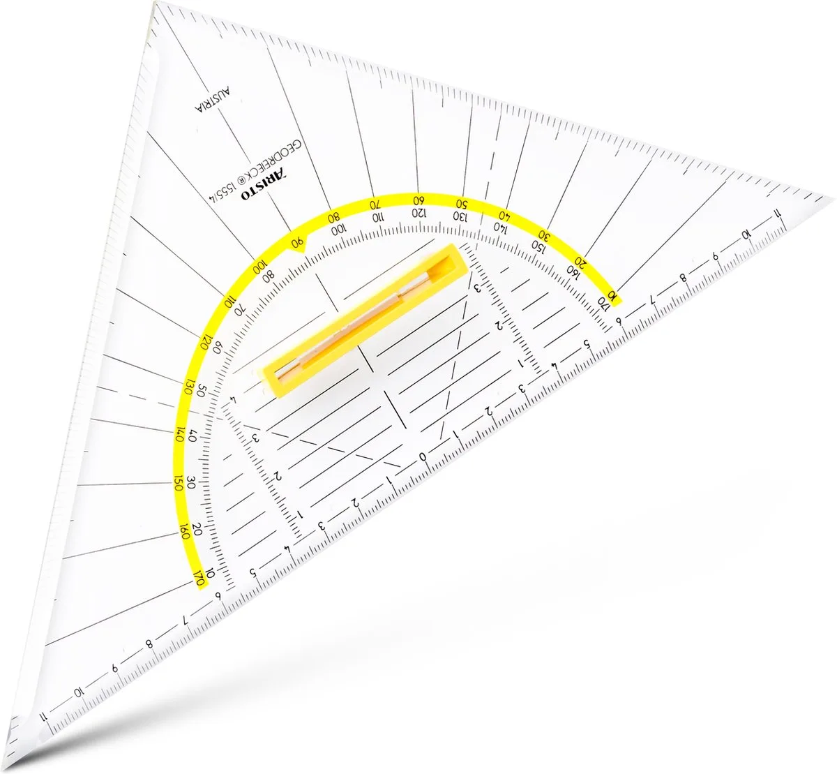 geodriehoek - schaalverdeling 22 cm - onbuigzaam - met afneembare greep - AR-1555-4 van Aristo in Transparant – productfoto