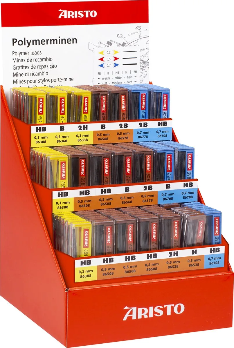 potloodstiftjes - display met 126 stuks - diverse lijndiktes en hardheden - AR-VD860700 de Aristo en Gris – photo produit