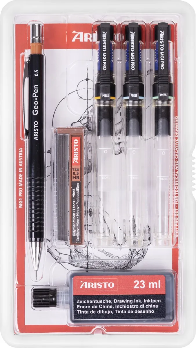 tekenpen - PRO College - set 6-delig - lijnbreedte 0.25/0.50/0.70mm - fles 23ml inkt - tekenpotlood - potloodstiftjes - AR-64310 von Aristo in Schwarz – Produktfoto