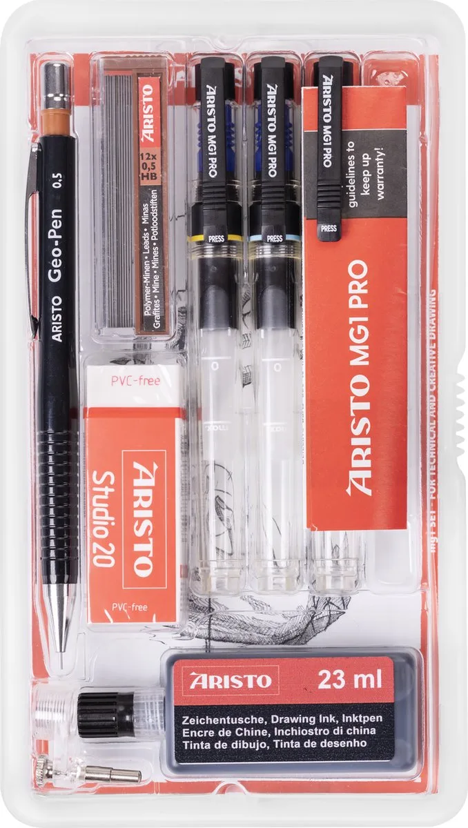 tekenpen - PRO Studio - set 8-delig - lijnbreedte 0.20/0.35/0.70 mm - fles 23ml inkt - tekenpotlood - potloodstiftjes - gum - penadapter - AR-64151 von Aristo in Schwarz – Produktfoto