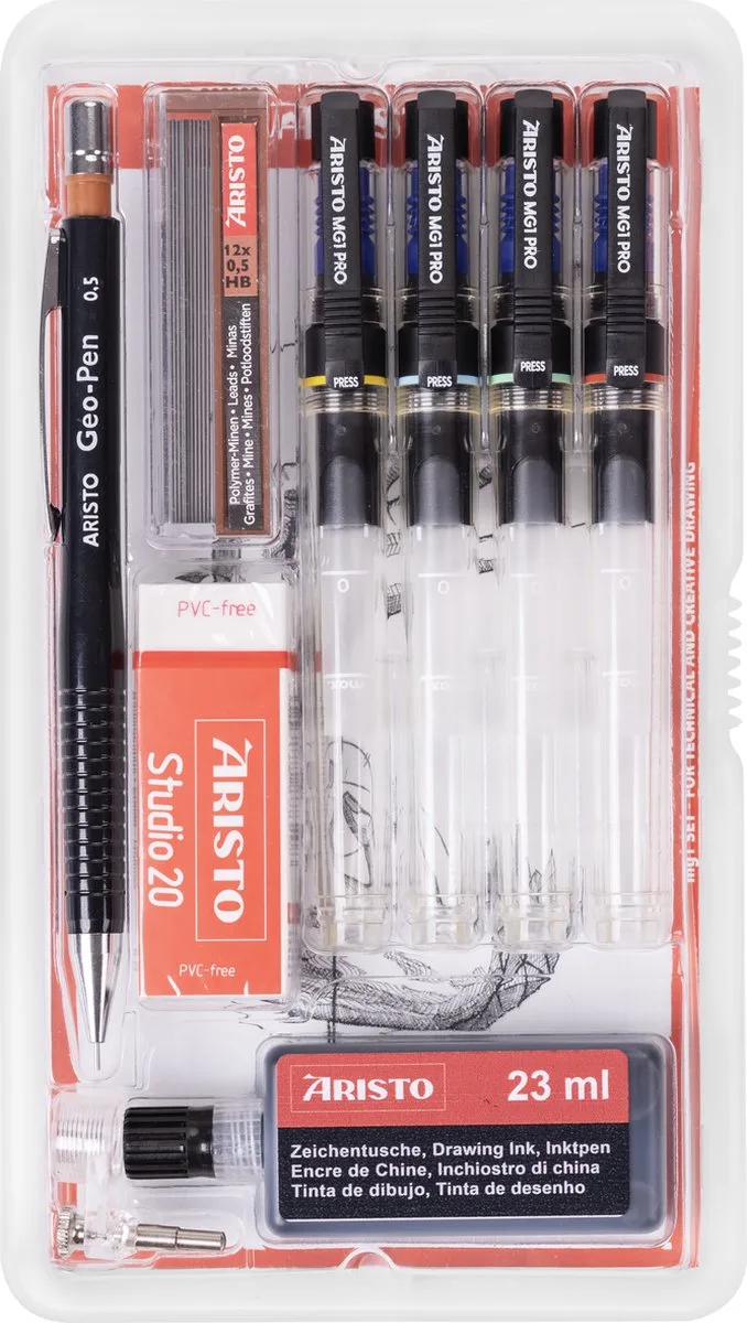tekenpen - PRO Studio - set 9-delig - lijnbreedte 0.13/0.40/0.60/0.80mm - fles 23ml inkt - tekenpotlood - potloodstiftjes - gum - penadapter - AR-64159 från Aristo i Svart – produktbild