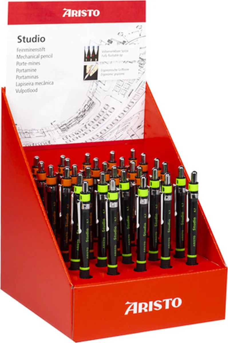 vulpotlood - Studio Art series - display met 30 stuks - lijnbreedte 0.5/0.7mm - hardheid HB - met gum - assorti kleuren - AR-VD85903 de Aristo en Noir – photo produit